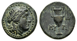 AEOLIS. Myrina.(2nd-1st centuries BC).Ae.

Obv : Laureate head of Apollo right.
Rev : MY - PI.
Amphora, lyre in right field.

Condition : Good very fi...