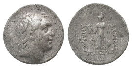 KINGS OF CAPPADOCIA. Ariarathes V Eusebes Philopator (Circa 163-130 BC). Drachm. Eusebeia.

Obv: Diademed head right.
Rev: ΒΑΣΙΛΕΩΣ / APIAPAΘOY / E...