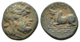 CARIA, Antiochia ad Maeandrum. ( Circa 2nd Century BC).Ae.

Obv: Head of Zeus right
Rev: ANTIOXEΩN, Zebu bull lying left on maeander pattern.
SNG ...