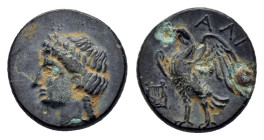 CARIA. Halikarnassos. Ae (Mid 4th-3rd centuries BC).

Obv: Laureate head of Apollo left.
Rev: ΑΛΙ.
Eagle standing left, with wings spread; lyre to lef...