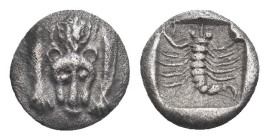 CARIA. Mylasa. Hemiobol (Circa 450-400 BC).

Obv: Forepart of lion facing.
Rev: Scorpion within incuse square.
SNG Keckman 917; SNG Kayhan I 934-8...
