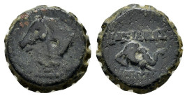 SELEUKID KINGS OF SYRIA. Demetrios I Soter (162-150 BC). Serrate Ae. Antioch.

Obv: Horse's head left.
Rev: BAΣIΛEΩΣ ΔHMHTPIOY.
Elephant's head right....