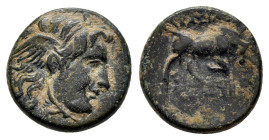 SELEUKID KINGS of SYRIA.Seleukos I Nikator (312-281 BC).Sardes.Ae.

Obv : Winged head of Medusa right.
Rev : BAΣIΛEΩΣ / ΣΕΛΕΥΚOY.
Bull butting right, ...