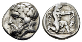 THRACE. Thasos. Drachm (Circa 390-335 BC).

Obv: Wreathed and bearded head of Dionysos left.
Rev: ΘΑΣION. Herakles, wearing lion skin, kneeling right,...