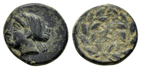 TROAS. Kebren circa 400-300 BC. Ae.

Obv: Head of female left rigth.
Rev: With in wreath Large K E monogram.

Condition : Good very fine.

Weight : 3....
