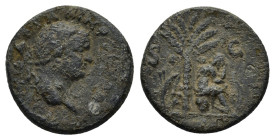 TITUS (Caesar, 69-79). Ae. Uncertain eastern mint, possibly Ephesus. Judaea Capta issue

Obv: T CAESAR IMPEP (sic) PONT.
Laureate head right.
Rev: S -...