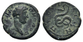 BITHYNIA. Prusa ad Olympum.Commodus (177-192). Ae. 

Obv : Λ ΑΙ ΑΥΡΗΛΙ ΚοΜΜοΔοϹ; laureate head of Commodus, right.
Rev : ΠΡοΥϹΑΕΩΝ; serpent coiling, r...