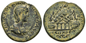 CAPPADOCIA. Caesarea. JULIA PAULA (Augusta, 219-220). Ae. 

Obv : ΙΟΥΛΙΑ ΚΟΡ]ΝΗΛΙΑ ΠΑΥΛΑ ϹΕΒΑ[ ]; diademed and draped bust of Julia Paula, right, on c...