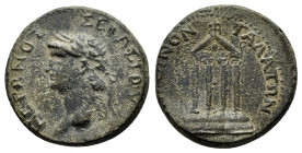GALATIA. Koinon of Galatia. Nero (54-68). Ae.

Obv: NEPΩNOΣ ΣEBΑΣΤΟΥ.
Laureate head right.
Rev: TO KOINON ΓAΛATΩN.
Tetrastyle temple, with pellet in p...