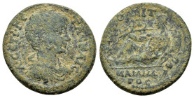 LYDIA. Tripolis. Geta (Caesar, 198-209). Ae.

Obv : Λ ϹΕΠ ΓΕΤΑϹ ΚΑΙϹ; bare-headed and cuirassed bust of Geta, right, seen from front.
Rev : ΤΡΙΠΟΛΕΙΤΩ...