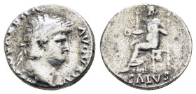 NERO (54-68). Denarius. Rome.

Obv: NERO CAESAR AVGVSTVS.
Laureate head right.
Rev: SALVS.
Salus seated left on ornamented throne, holding patera.
RIC...