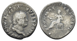 VESPASIAN.(69-79). Rome.Denarius.

Obv : IMP CAESAR VESPASIANVS AVG.
Laureate bust right.
Rev : PON MAX TR P COS VII.
Pax seated left with branch.
RIC...