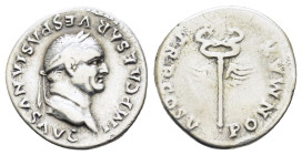 VESPASIAN.(69-79). Rome.Denarius.

Obv : IMP CAESAR VESPASIANVS AVG.
Laureate head right.
Rev : PON MAX TR P COS V.
Winged caduceus.
RIC II 703.

Cond...