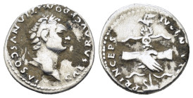 DOMITIAN (81-96). Denarius. Rome.

Obv: CAESAR AVG F DOMITIANVS COS VI.
Laureate head right.
Rev: PRINCEPS IVVENTVTIS.
Clasped hands before legionary ...