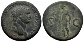 DOMITIAN (Caesar, 69-81). AE. Rome, 

Obv:Laureate head right
Rev: Spes advancing left., holding flower and raising hem of skirt. 
RIC II 86 (Titus). ...