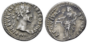 NERVA (96-98). Denarius. Rome.

Obv: IMP NERVA CAES AVG P M TR P COS III P P.
Laureate head right.
Rev: AEQVITAS AVGVST.
Aequitas standing left, ...