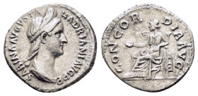 SABINA (Augusta, 128-136/7). Denarius. Rome.

Obv: SABINA AVGVSTA HADRIANI AVG P P.
Draped bust right.
Rev: CONCORDIA AVG.
Concordia seated left ...
