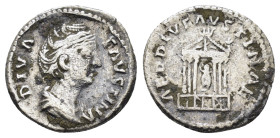 DIVA FAUSTINA I (Died 140/1). Denarius. Rome.

Obv: DIVA FAVSTINA.
Draped bust right.
Rev: AED DIV FAVSTINAE.
Hexastyle temple, containing seated figu...