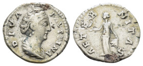 DIVA FAUSTINA I (Died 140/1). Denarius. Rome.

Obv: DIVA FAVSTINA.
Draped bust right.
Rev: AETERNITAS.
Aeternitas standing facing, head left, lifting ...