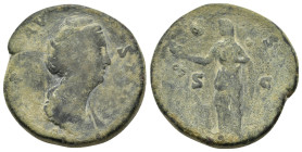 DIVA FAUSTINA I (Died 140/1). Sestertius. Rome.

Obv: DIVA FAVSTINA.
Draped bust right.
Rev: AETERNITAS / S - C.
Aeternitas standing left, raising han...