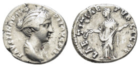 FAUSTINA II (Augusta, 147-175/6). Denarius. Rome.

Obv: FAVSTINAE AVG PII AVG FIL.
Draped bust right.
Rev: LAETITIAE PVBLICAE.
Laetitia standing left,...