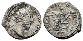 MARCUS AURELIUS (161-180). Denarius. Rome.

Obv: M ANTONINVS AVG ARM PARTH MAX.
Laureate head right.
Rev: TR P XXII IMP V COS III.
Aequitas seated lef...