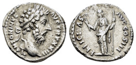 MARCUS AURELIUS (161-180). Denarius. Rome.

Obv: M ANTONINVS AVG TR P XXIII.
Laureate head right.
Rev: FELICITAS AVG COS III.
Felicitas standing left,...