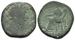 MARCUS AURELIUS (161-180). Sestertius. Rome.

Obv: M ANTONINVS AVG ARM PARTH MAX, laureate head right. Rev: TR POT XXII IMP V COS III, Fortuna seated ...