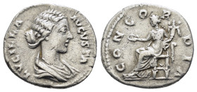 LUCILLA (Augusta, 164-182). Denarius. Rome.

Obv: LVCILLA AVGVSTA.
Draped bust right.
Rev: CONCORDIA.
Concordia seated left on throne, holding patera ...