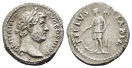 HADRIAN (117-138). Denarius. Rome.

Obv: HADRIANVS AVG COS III P P.
Laureate head right.
Rev: TELLVS STABIL.
Tellus standing left, holding plow and ra...