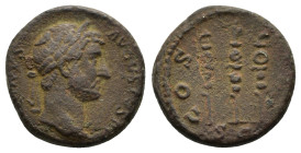 HADRIAN.(117-138).Rome.Ae.

Obv : HADRIANVS AVGVSTVS P P.
Laureate head of Hadrian to right, with slight drapery on his left shoulder.
Rev : COS III S...
