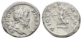 SEPTIMIUS SEVERUS (193 - 211). Denarius. Rome.

Obv: SEVERVS PIVS AVG.
Laureate head right.
Rev: VICT PART MAX.
Victory advacing left with wreath and ...