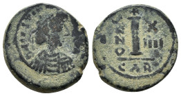 JUSTINIAN I (527-565 AD). Ae. Decanummium. Carthage. Dated RY 14 (540/1).

Obv: DN IVSTINIANVS PP AVG.
Diademed, draped and cuirassed bust right.
Rev:...