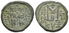 JUSTINIAN I (527-565). Ae. Follis. Cyzicus. Dated RY 18 (544/5).

Obv: D N IVSTINIANVS P P AVG.
Helmeted and cuirassed bust facing, holding globus cru...