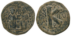 JUSTIN II and SOPHIA. (565-578 AD). Ae. Half Follis. Antioch.

Obv : Justin left and Sophia right, seated facing on double-throne, both nimbate, eac...