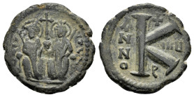 JUSTIN II and SOPHIA.(565-578 AD). Ae. Half Follis. Antioch.

Obv : Justin left and Sophia right, seated facing on double-throne, both nimbate, each h...