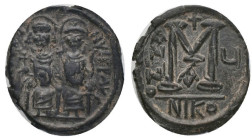 JUSTIN II and SOPHIA.(565-578 AD). Ae. Follis. Nicomedia

Condition : Very fine.

Weight : 12.10 gr
Diameter : 28.43 mm