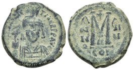 MAURICE TIBERIUS.(582-602).Constantinople.Follis.

Obv : D N MAVRIC TIЬЄR P P AV.
Crowned facing bust, wearing consular robes and holding mappa and ea...