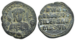PHOCAS (602-610 AD). Ae. Follis. Antioch.

Obv : D N FOCA NE PE AV.
Phocas and Leontia standing facing with globus cruciger and cruciform sceptre; bet...