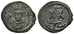 PHOCAS (602-610 AD). Ae. Follis. Cyzicus. Dated RY 6 (607/8).

Obv: D N FOCAS PЄRP AVG.
Crowned bust facing, wearing consular robes and holding mappa ...
