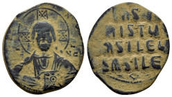 BASIL II & CONSTANTINE VIII.(976-1025).Anonymous Issue.Constantinople.Follis.

Obv : EMMANOVHL IC XC.
Facing bust of Christ Pantokrator.
Rev : IhSUS X...