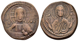 ROMANUS IV DIOGENES (AD. 1068-1071). Ae. Anonymous Class G. Follis. Constantinople.

Obv : Bust of Christ facing with nimbate cross, pallium and colob...