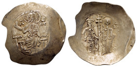 MANUEL I COMNENUS (1143-1180 AD). EL Aspron Trachy. Constantinople.

Obv: IC - XC.
Christ Pantokrator seated facing on throne.
Rev: Manuel and the...