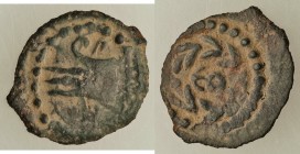 JUDAEA. Herodians. Herod Archelaus (4 BC-AD 6). AE half prutah (14mm, 0.99 gm, 4h). VF. Η-P-W, prow of galley left / ΕΘΝ, legend within wreath. Hendin...