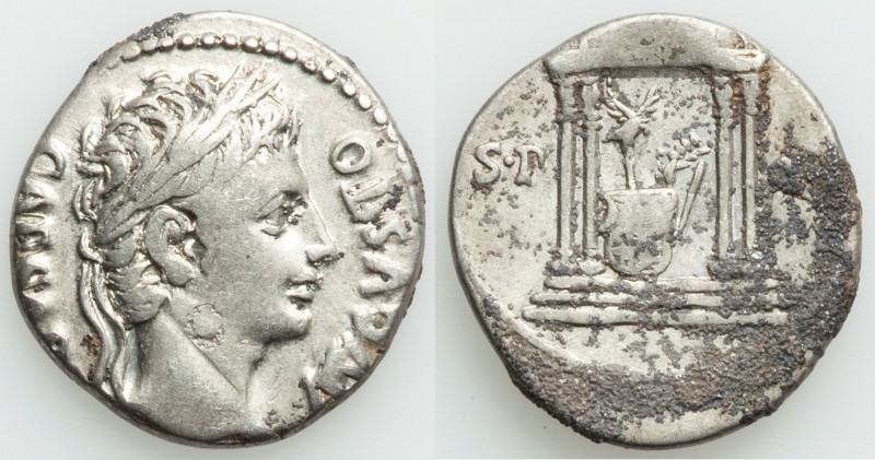 Augustus (27 BC-AD 14). AR denarius (18mm, 3.76 gm, 6h). VF, encrustation. Spani...