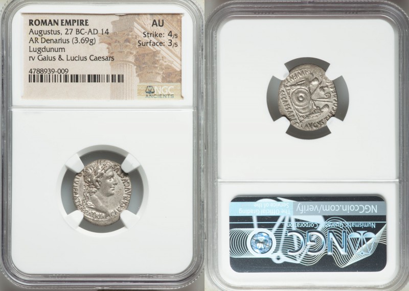 Augustus (27 BC-AD 14). AR denarius (17mm, 3.69 gm, 8h). NGC AU 4/5 - 3/5. Lugdu...