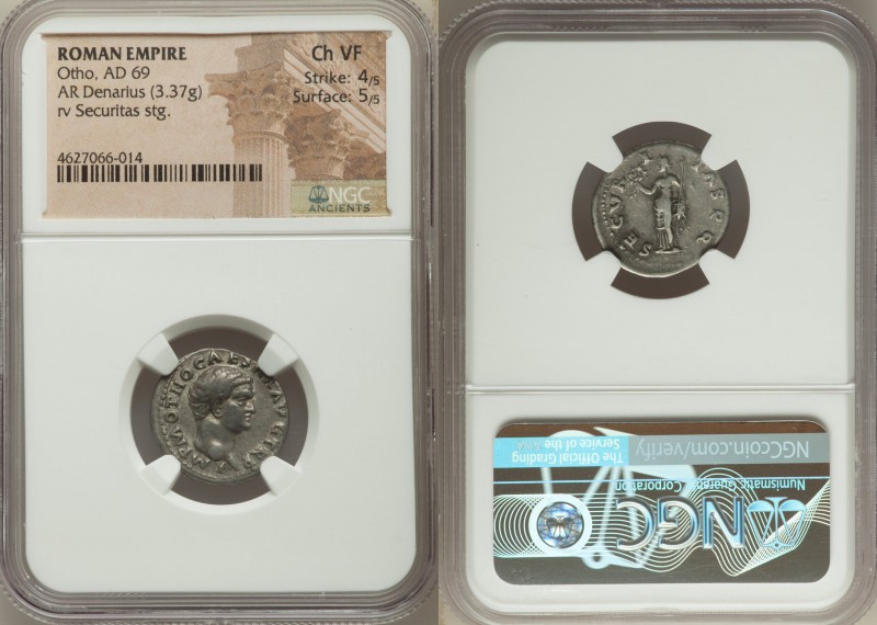 Otho (AD 69). AR denarius (19mm, 3.37 gm, 6h). NGC Choice VF 4/5 - 5/5. Rome, Ja...