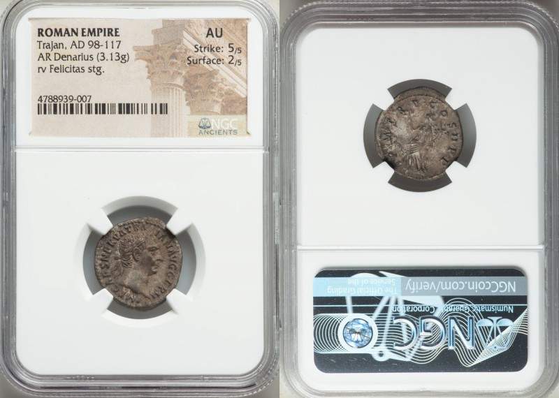 Trajan (AD 98-117). AR denarius (18mm, 3.13 gm, 7h). NGC AU 5/5 - 2/5. Rome, AD ...