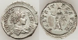 Caracalla (AD 198-217). AR denarius (19mm, 3.03 gm, 6h). XF. Rome, AD 205. ANTONINVS-PIVS AVG, laureate, draped bust of Caracalla right, seen from beh...