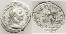 Macrinus (AD 217-218). AR denarius (18mm, 2.40 gm, 7h). About VF. Rome. IMP C M OPEL SEV MACRINVS AVG, laureate, cuirassed bust of Macrinus right, wea...